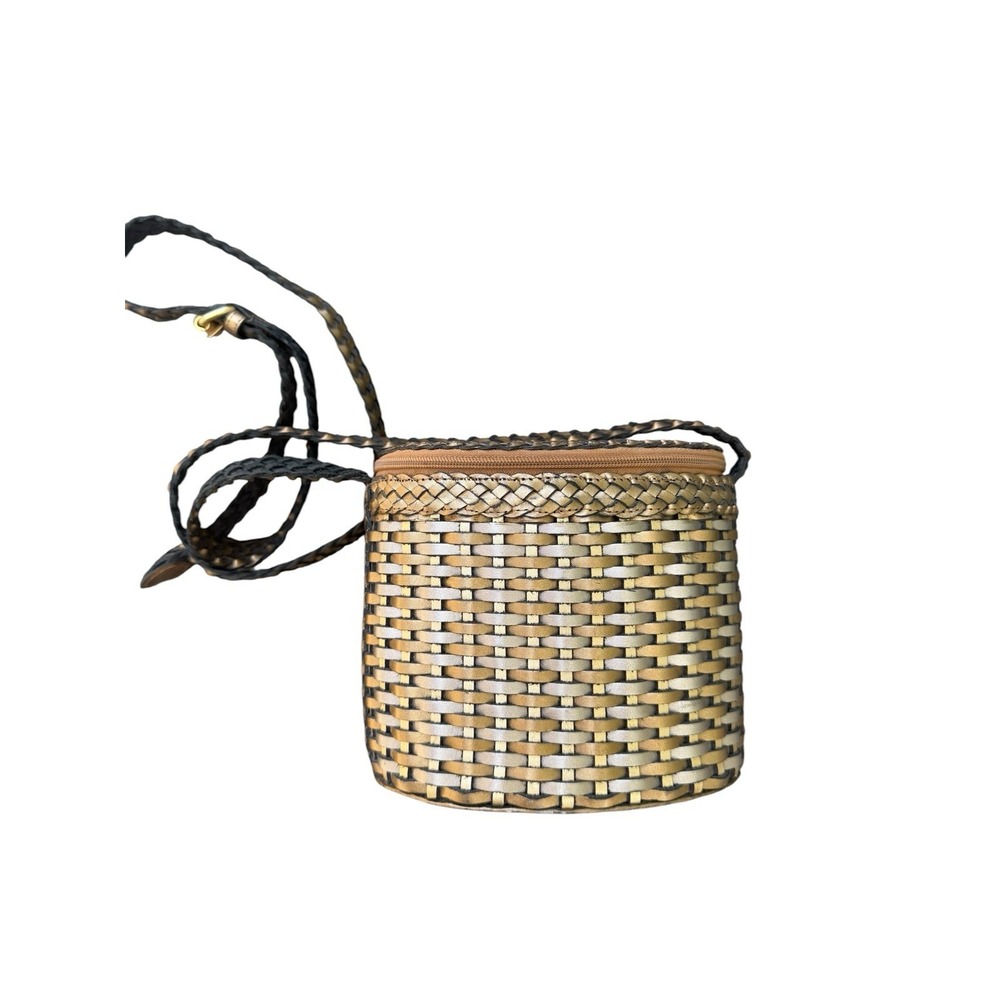 CEM Metallic Woven Basket Crossbody Bag Bronze Gold Barrel Boho Purse